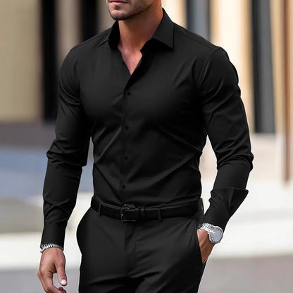 Men's Shirt Business Button Down Shirt Summer Solid Color Long Sleeve Lapel Vacation Shirt Fashion Temperament Casual Tops - ARCHSHOPE