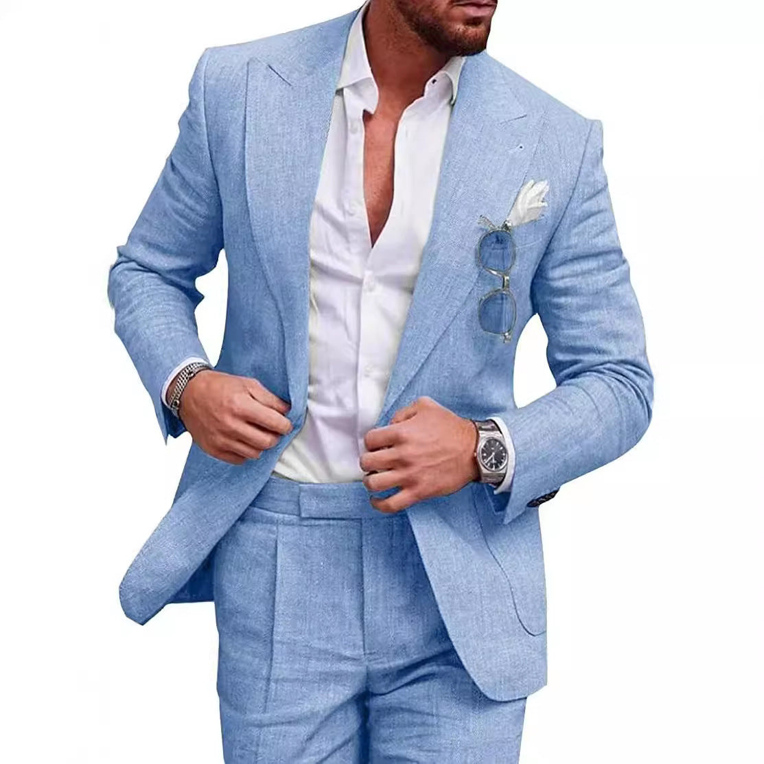 Men's Large Single Row One Button Solid Color Suit Two-piece Set - ARCHSHOPE