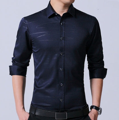Chemise homme en coton micro-élastique sans repassage, coupe slim, manches longues, bleu