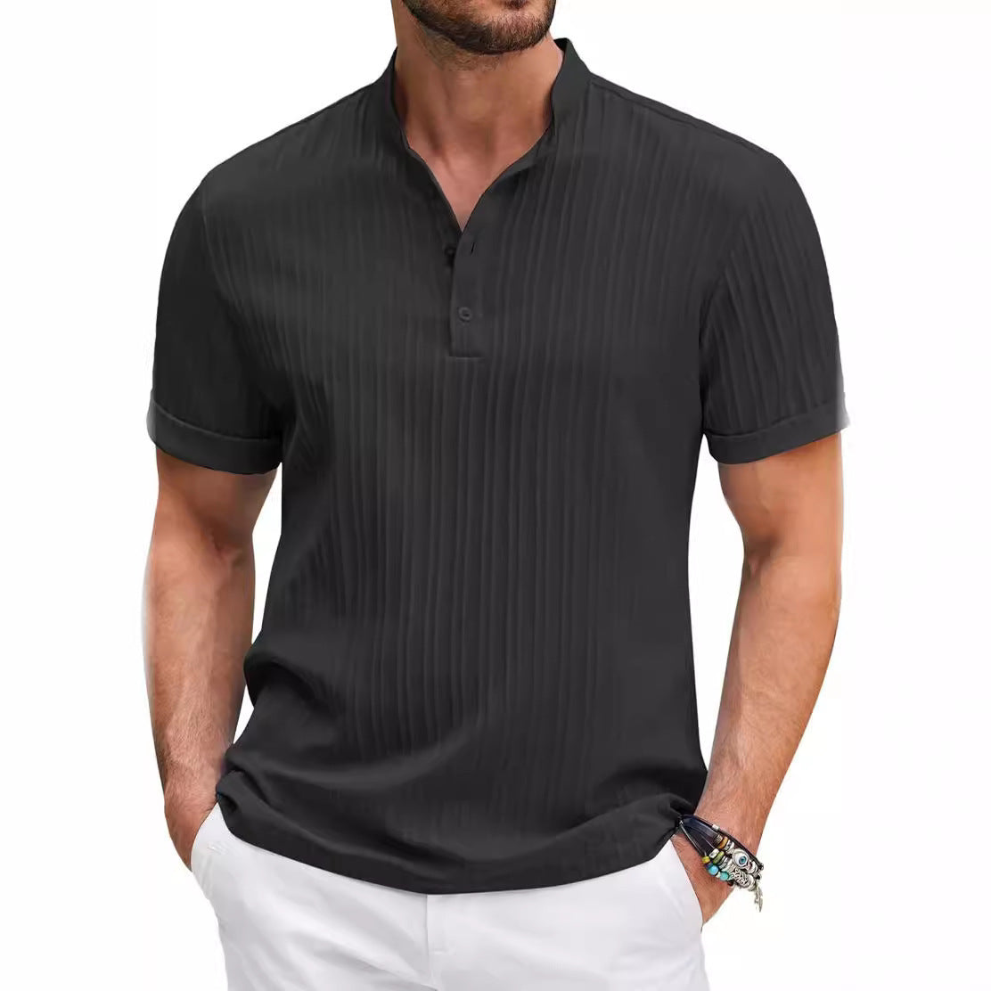 T-shirt d'été à manches courtes et col montant, à rayures de couleur unie, style polo décontracté, vêtement de plage pour homme