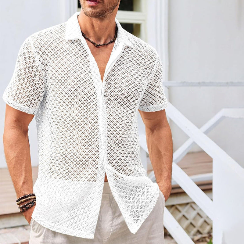 Summer Mesh Short Sleeve Shirt Fashion Solid Color Lapel Shirt Tops Beach Men Clothing - ARCHSHOPE