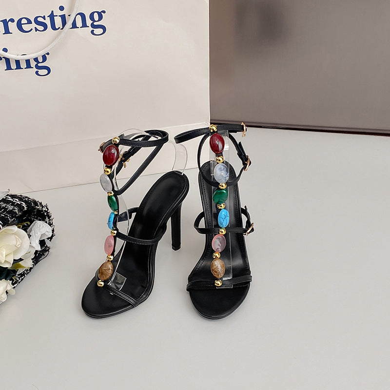 Fashion Colorful Beads Buckle Sandals Summer Stiletto High Heel Shoes Women Party Pumps - ARCHSHOPE