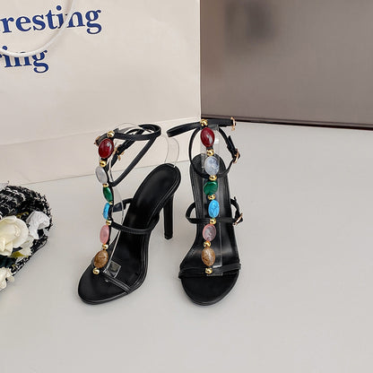 Fashion Colorful Beads Buckle Sandals Summer Stiletto High Heel Shoes Women Party Pumps - ARCHSHOPE