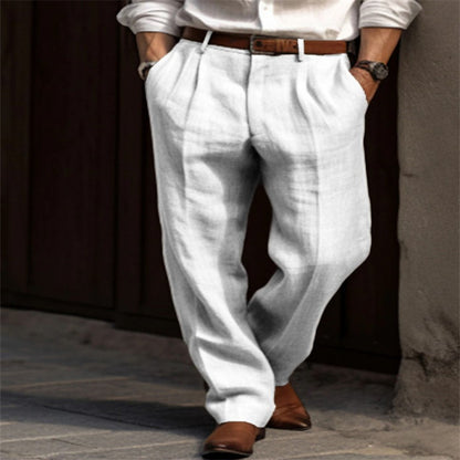 Men's Linen Trousers Double Pleated Front Pocket Straight Pure Color Comfort Breathable Casual - ARCHSHOPE
