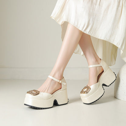 New Chinese Style Jacquard Square Toe Chunky Heel Womens Shoes