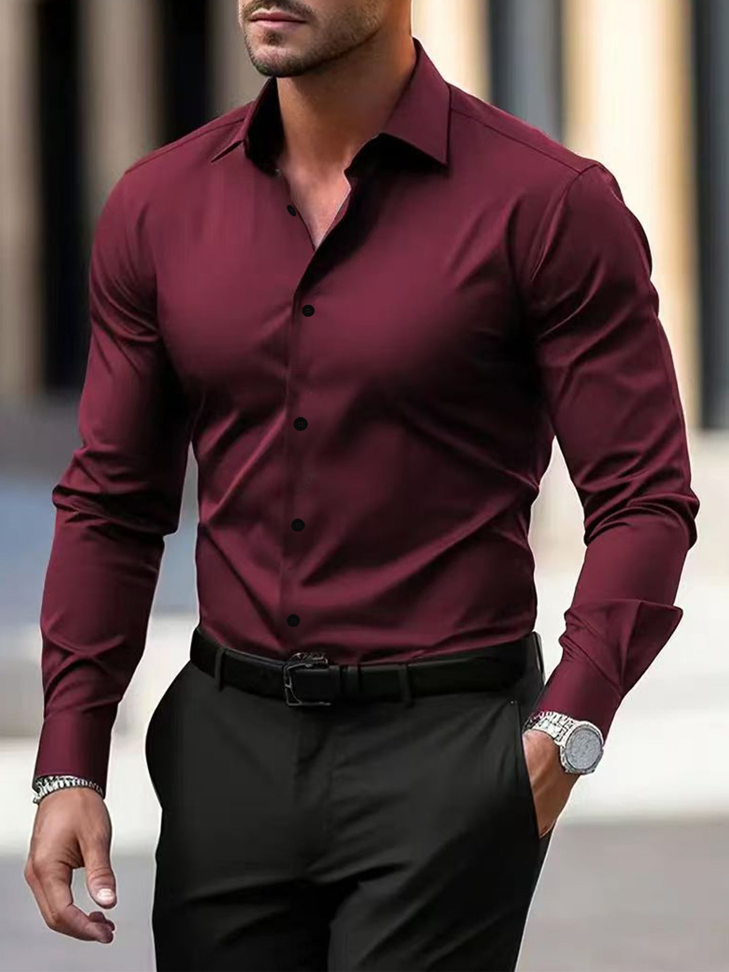 Men's Shirt Business Button Down Shirt Summer Solid Color Long Sleeve Lapel Vacation Shirt Fashion Temperament Casual Tops - ARCHSHOPE
