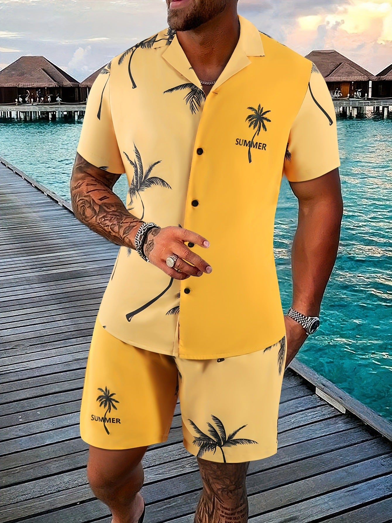 Combinaison short à manches courtes avec imprimé cocotier en 3D