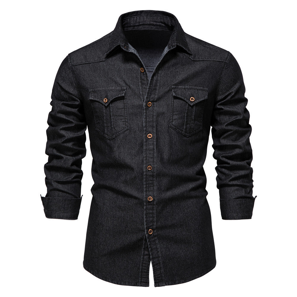 Herren Langarm Jeanshemd Casual Solid Button Slim Tops Kleidung