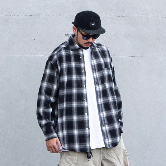 Japanese Style Plaid Long Sleeve Shirt Men Loose-fitting Workwear Jacket - ARCHSHOPE
