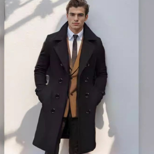 Manteau mi-long en laine à double boutonnage pour homme, coupe slim