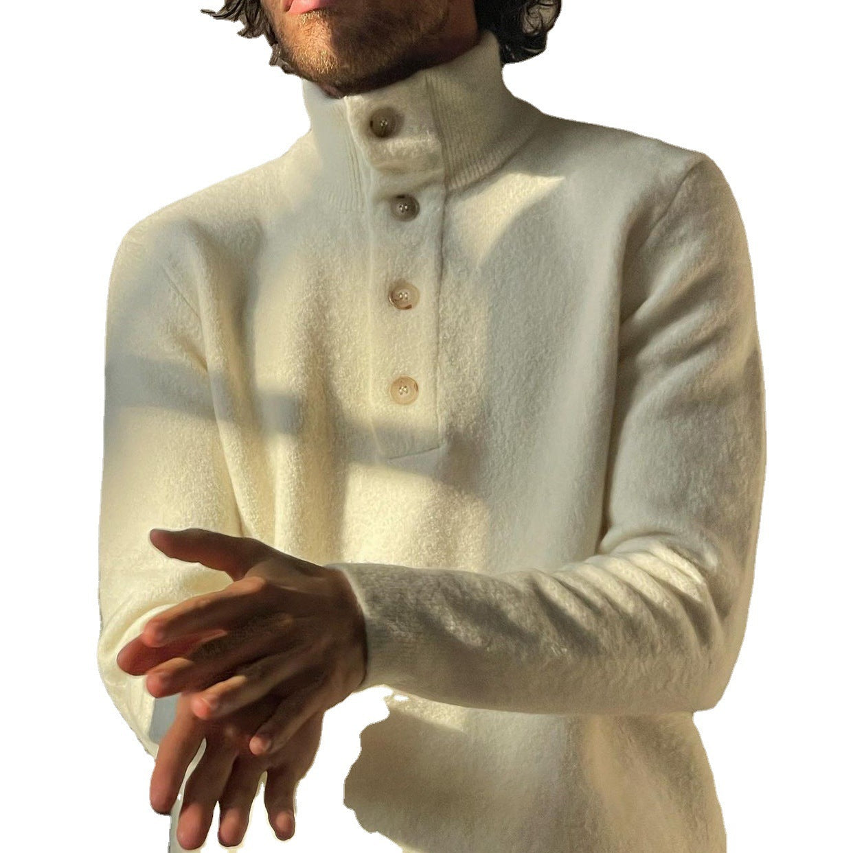 Pull blanc slim à col montant pour homme, veste en peluche