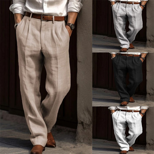 Men's Linen Trousers Double Pleated Front Pocket Straight Pure Color Comfort Breathable Casual - ARCHSHOPE