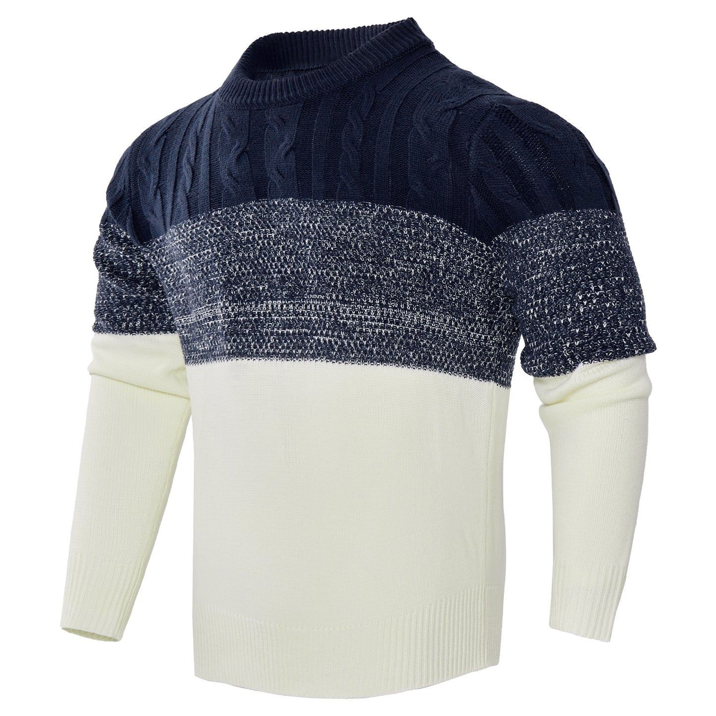 Men's Casual Color Block Long Sleeve Cable Knit Pullover Sweater - ARCHSHOPE