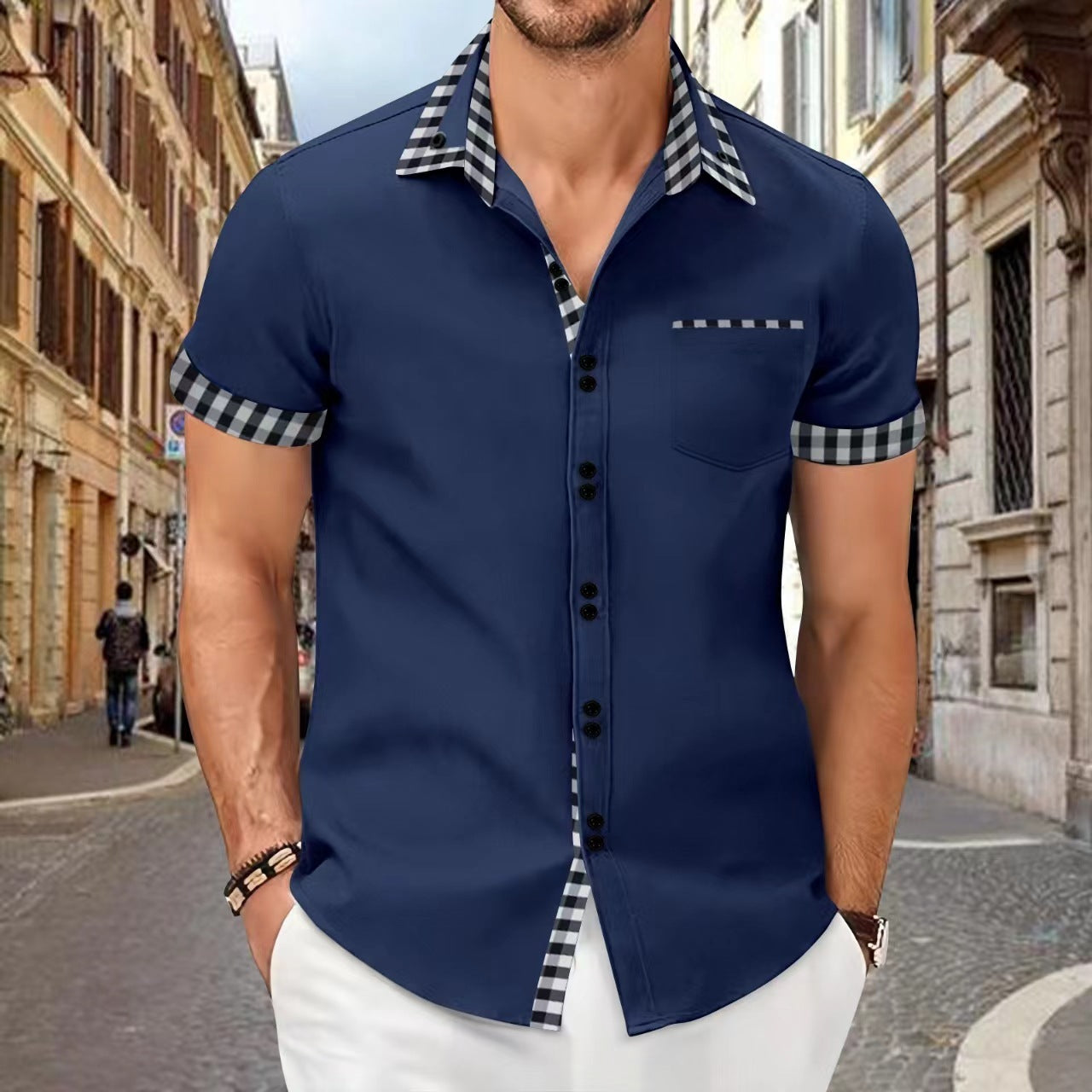 Chemise décontractée pour homme avec coutures contrastées et poches