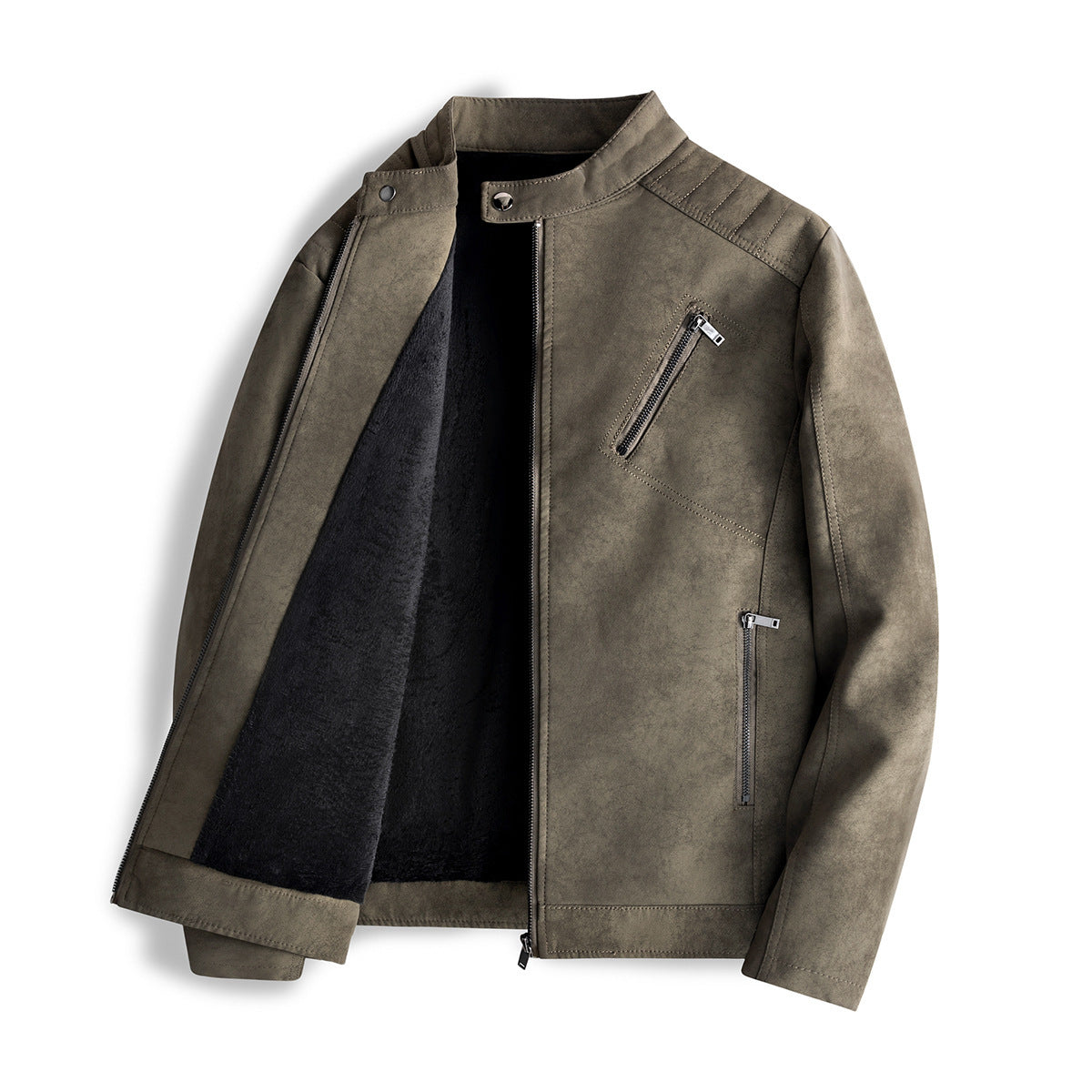 Veste en cuir pour homme, doublure polaire, col montant slim
