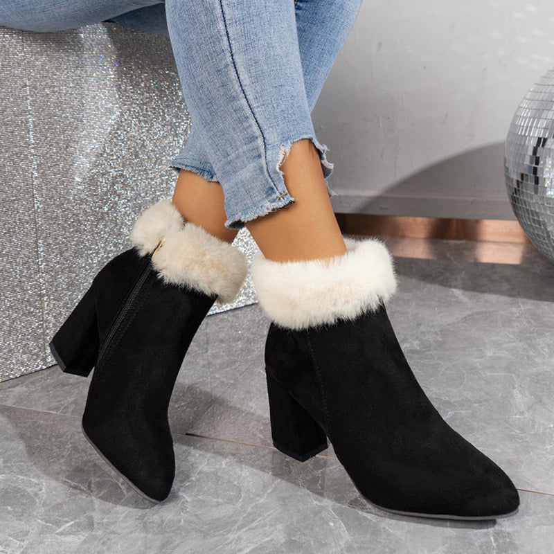 New Plaid Print Plush Ankle Boots Winter Fashoin Square Heel Suede Boots Women Casual Versatile Shoes Autumn And Winter - ARCHSHOPE