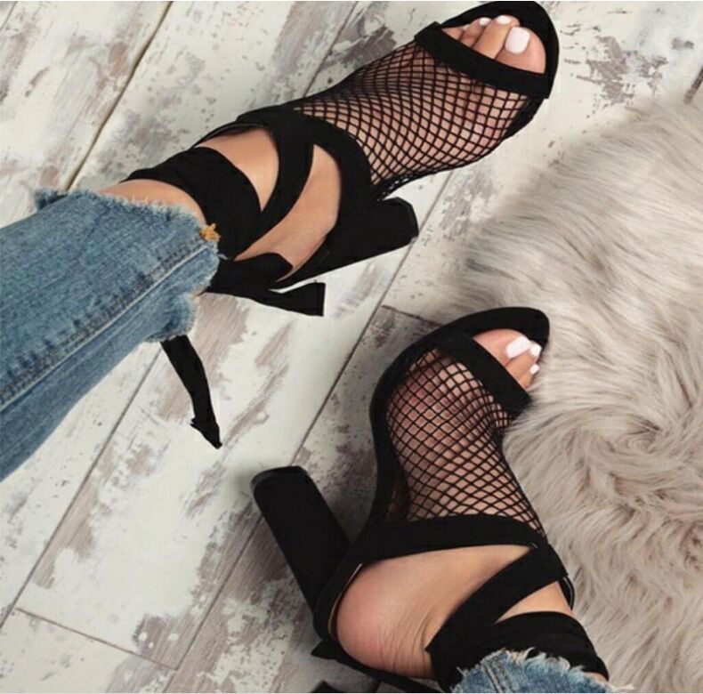 Women Sandals Bandage Flock Cross Strap Lace Up High Heels Sandal - ARCHSHOPE
