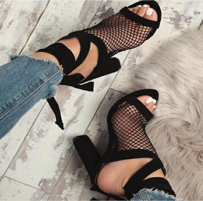 Women Sandals Bandage Flock Cross Strap Lace Up High Heels Sandal - ARCHSHOPE