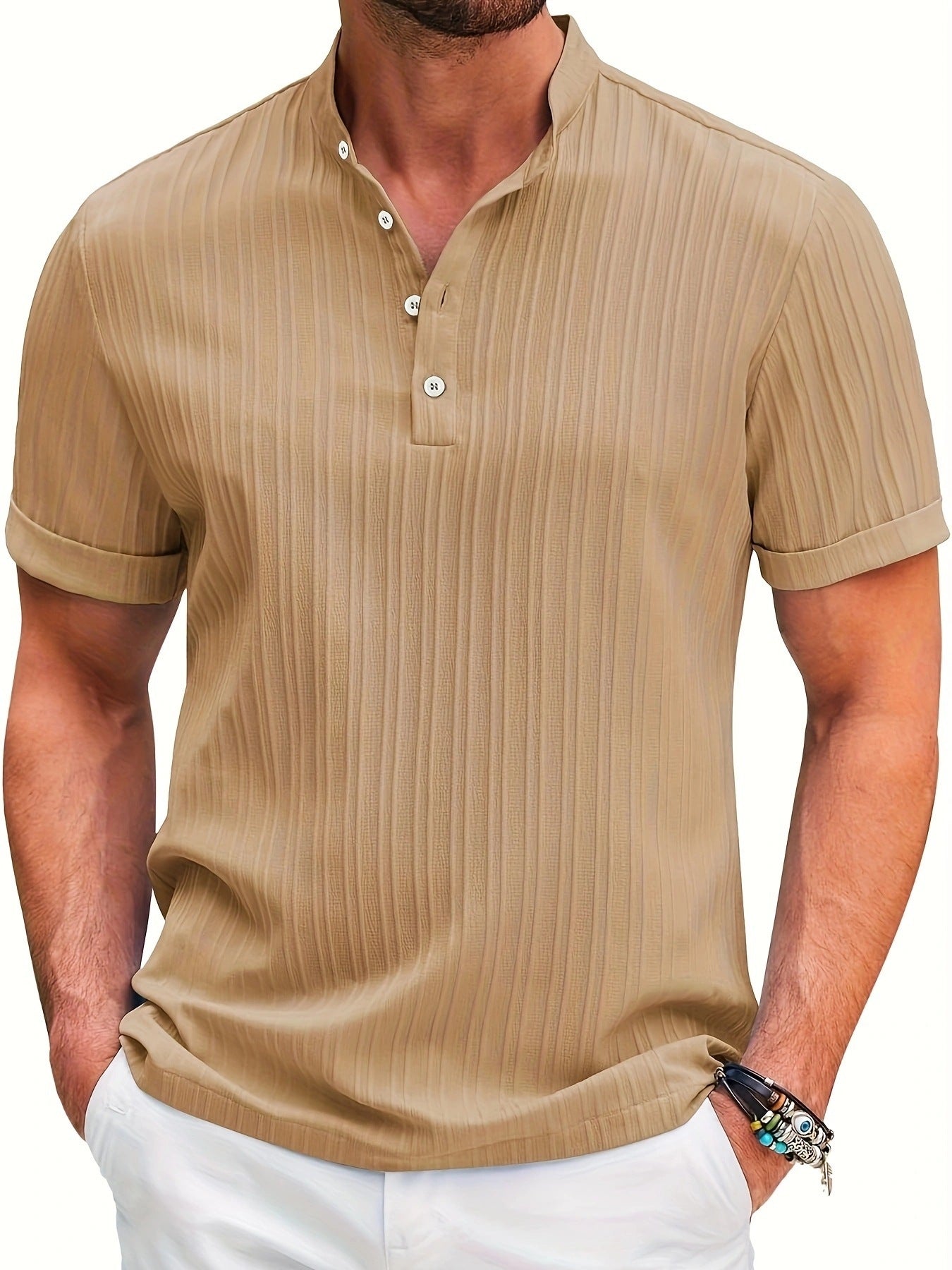 T-shirt d'été à manches courtes et col montant, à rayures de couleur unie, style polo décontracté, vêtement de plage pour homme