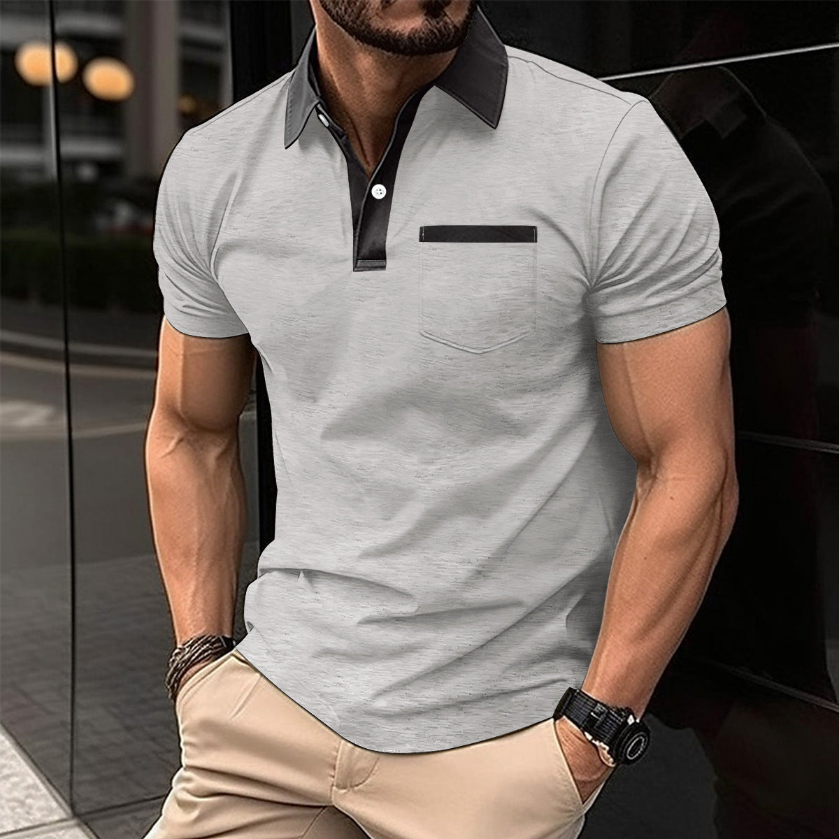 Revers Fashion Slim Pocket Kurzarm T-Shirt Poloshirt Herrenbekleidung