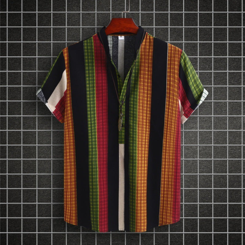 Chemise homme à col montant, style ethnique, rayée, en coton et lin, décontractée, à manches courtes