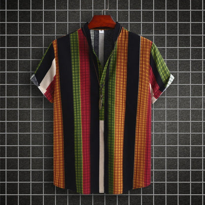 Chemise homme à col montant, style ethnique, rayée, en coton et lin, décontractée, à manches courtes