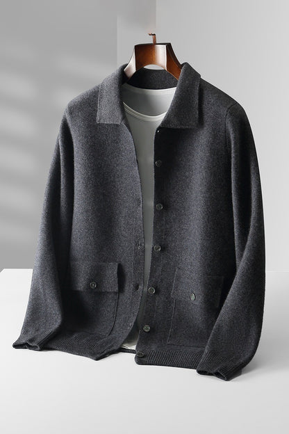 Cardigan en laine à col polo pour homme, couleur unie, automne-hiver, rétro, poche, manteau épais