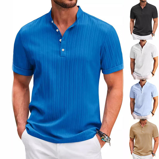 T-shirt d'été à manches courtes et col montant, à rayures de couleur unie, style polo décontracté, vêtement de plage pour homme