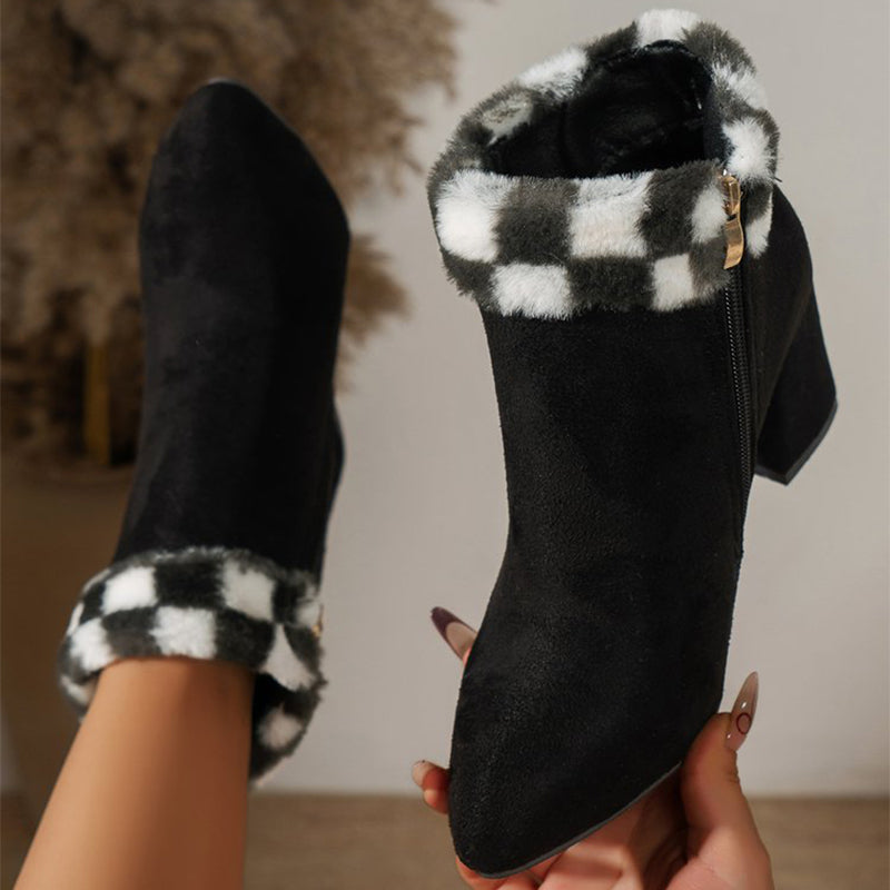 New Plaid Print Plush Ankle Boots Winter Fashoin Square Heel Suede Boots Women Casual Versatile Shoes Autumn And Winter - ARCHSHOPE