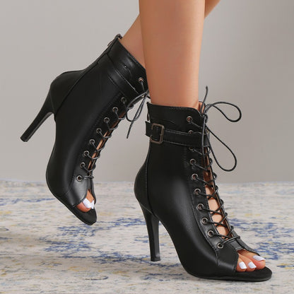 Women's Peep Toe High Heel Pumps Shoes Fashion Lace-up Buckle Sandals With Back Zipper Design - ARCHSHOPE