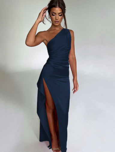 Sexy One-shoulder Backless Slit Dress Summer Elegant Slim-fit Solid Color Satin Dresses For Women - ARCHSHOPE