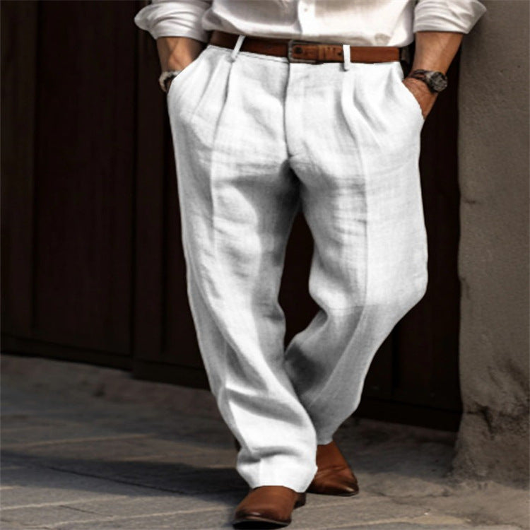 Men's Linen Trousers Double Pleated Front Pocket Straight Pure Color Comfort Breathable Casual - ARCHSHOPE
