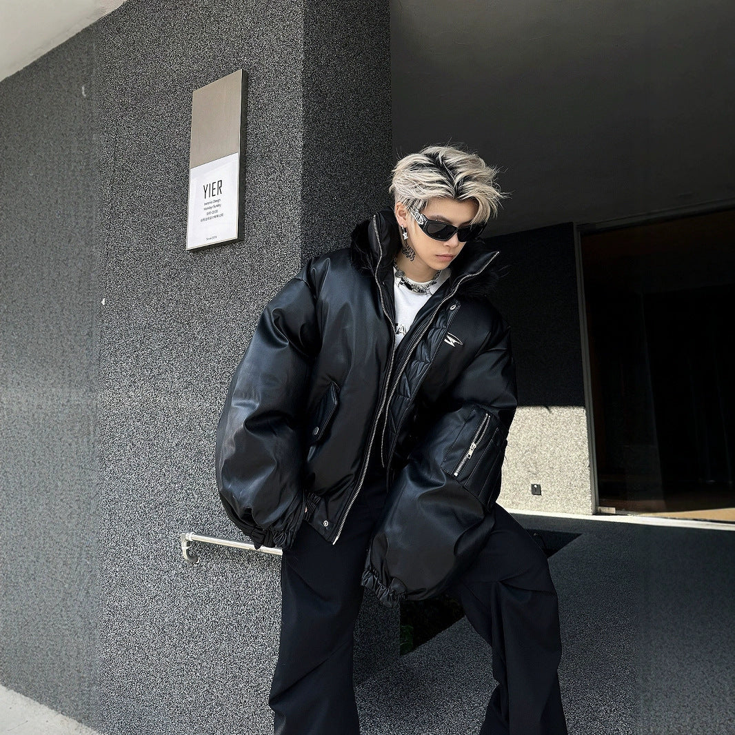 Manteau à capuche en cuir synthétique et coton, haut chaud et ample