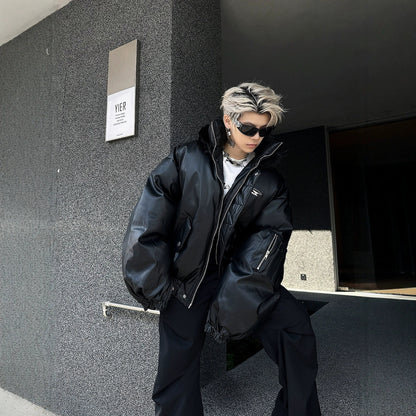 Manteau à capuche en cuir synthétique et coton, haut chaud et ample