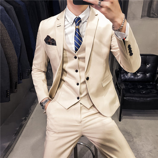 Costume trois pièces pour homme, style coréen, grande taille, coupe cintrée, couleur unie