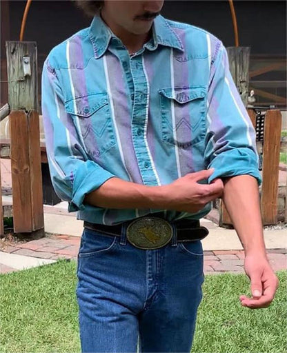 Men's Retro Printed Loose Long Sleeves Top Striped Casual Shirt - ARCHSHOPE