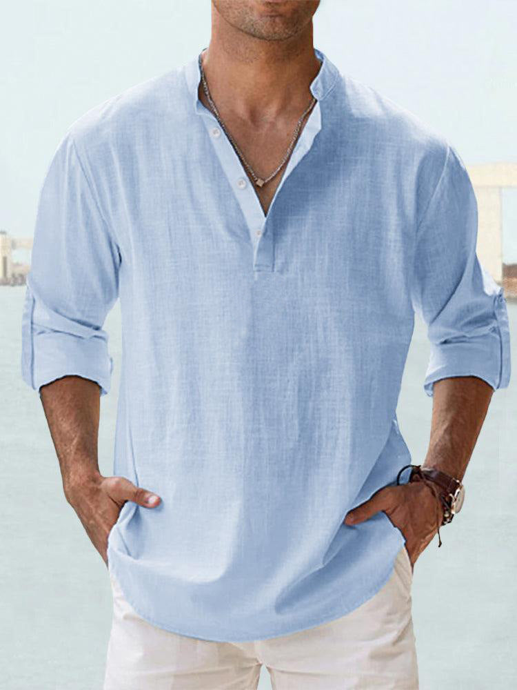 Men's Linen Stand-up Collar Long Sleeve T-shirt Loose Undershirt - ARCHSHOPE