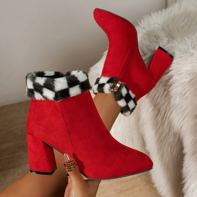 New Plaid Print Plush Ankle Boots Winter Fashoin Square Heel Suede Boots Women Casual Versatile Shoes Autumn And Winter - ARCHSHOPE