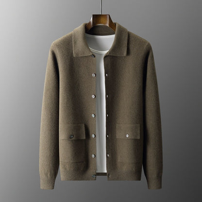 Cardigan en laine à col polo pour homme, couleur unie, automne-hiver, rétro, poche, manteau épais