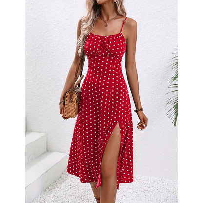 New Polka Dot Print Suspender Dress Summer Sexy Split Long Dresses For Womens Clothing - ARCHSHOPE