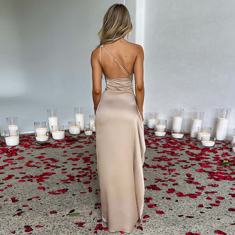 Sexy One-shoulder Backless Slit Dress Summer Elegant Slim-fit Solid Color Satin Dresses For Women - ARCHSHOPE