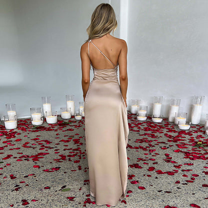 Sexy One-shoulder Backless Slit Dress Summer Elegant Slim-fit Solid Color Satin Dresses For Women - ARCHSHOPE