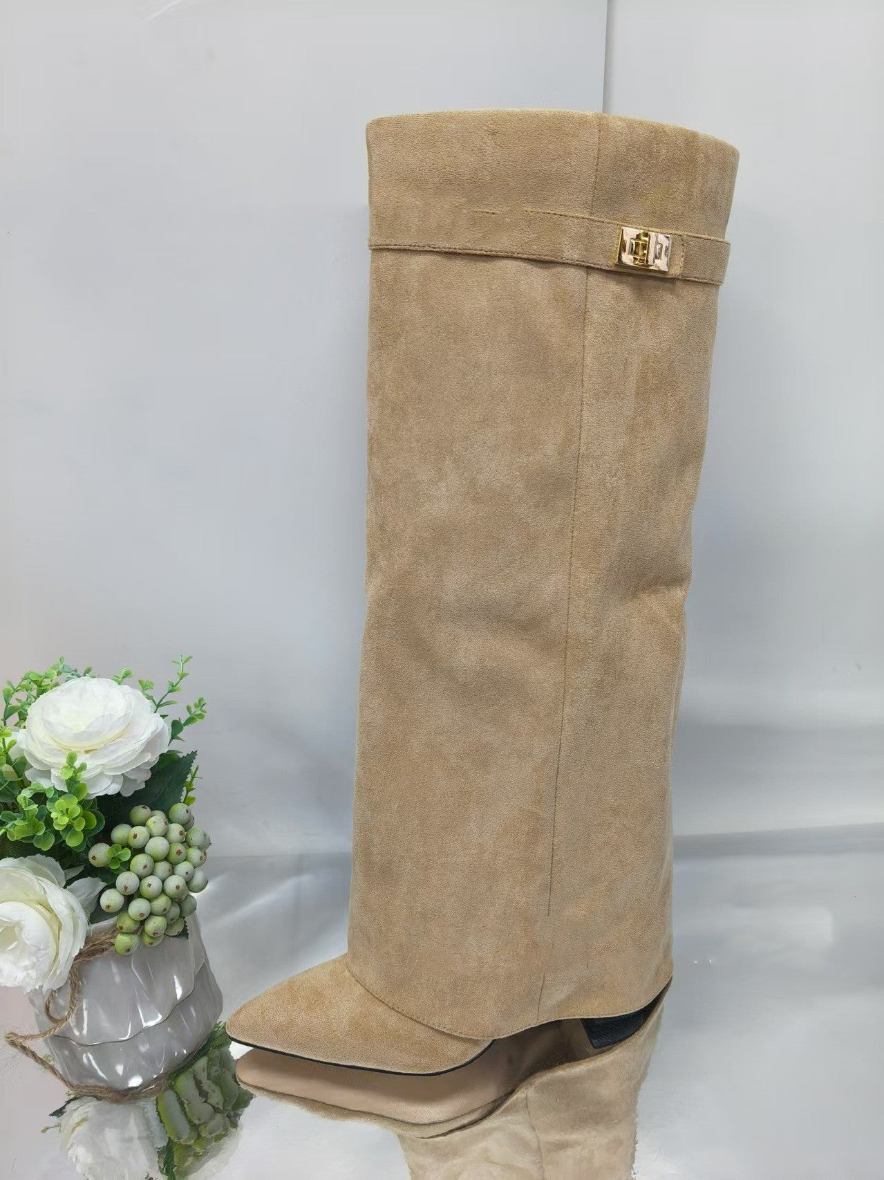 Ins Pant-tube Boots Pointed Toe Chunky Heel Shoes WInter Knight Mid-calf Dress Boot For Women - ARCHSHOPE