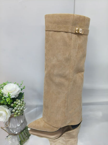Ins Pant-tube Boots Pointed Toe Chunky Heel Shoes WInter Knight Mid-calf Dress Boot For Women - ARCHSHOPE