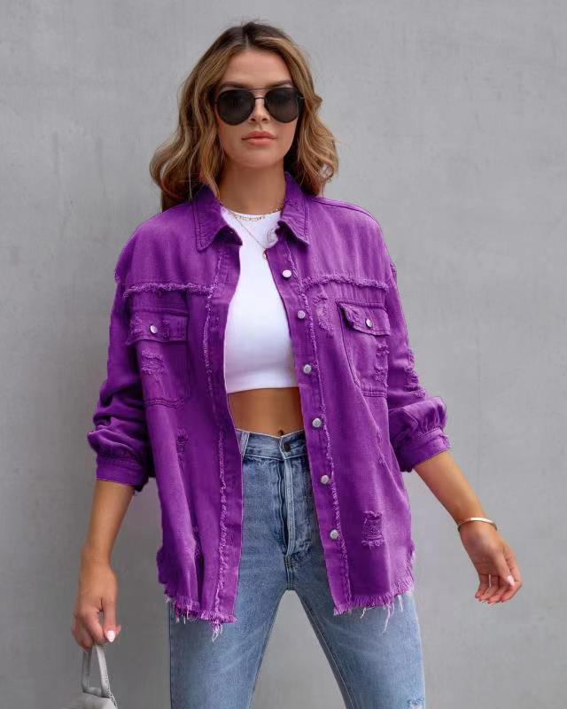 Fashion Ripped Shirt Jacket Female Autumn And Spring Casual Tops Womens Clothing - ARCHSHOPE
