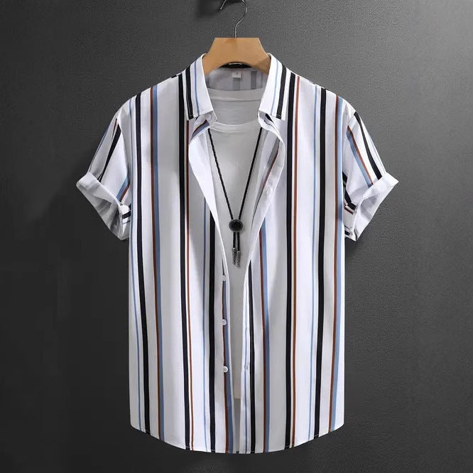 Chemise à manches courtes et col montant pour homme, tendance été, rayures
