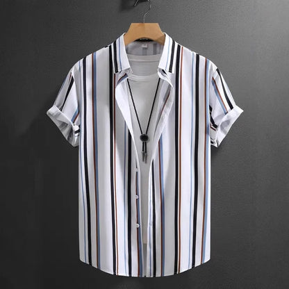 Chemise à manches courtes et col montant pour homme, tendance été, rayures