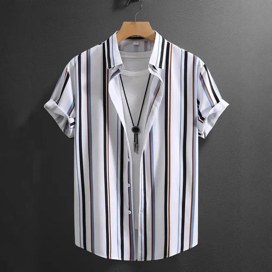 Summer Men's Fashion Trend Stripes Short Sleeve Stand Collar Shirt - ARCHSHOPE