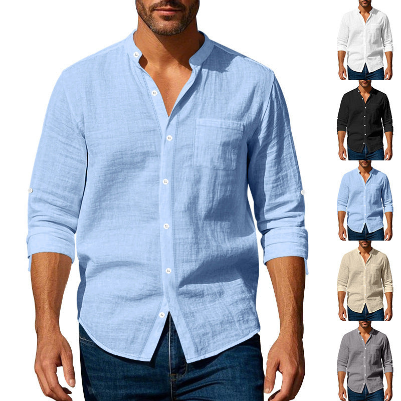 Long Sleeve Stand Collar Shirt With Pockets Casual Men's Clothing - ARCHSHOPE