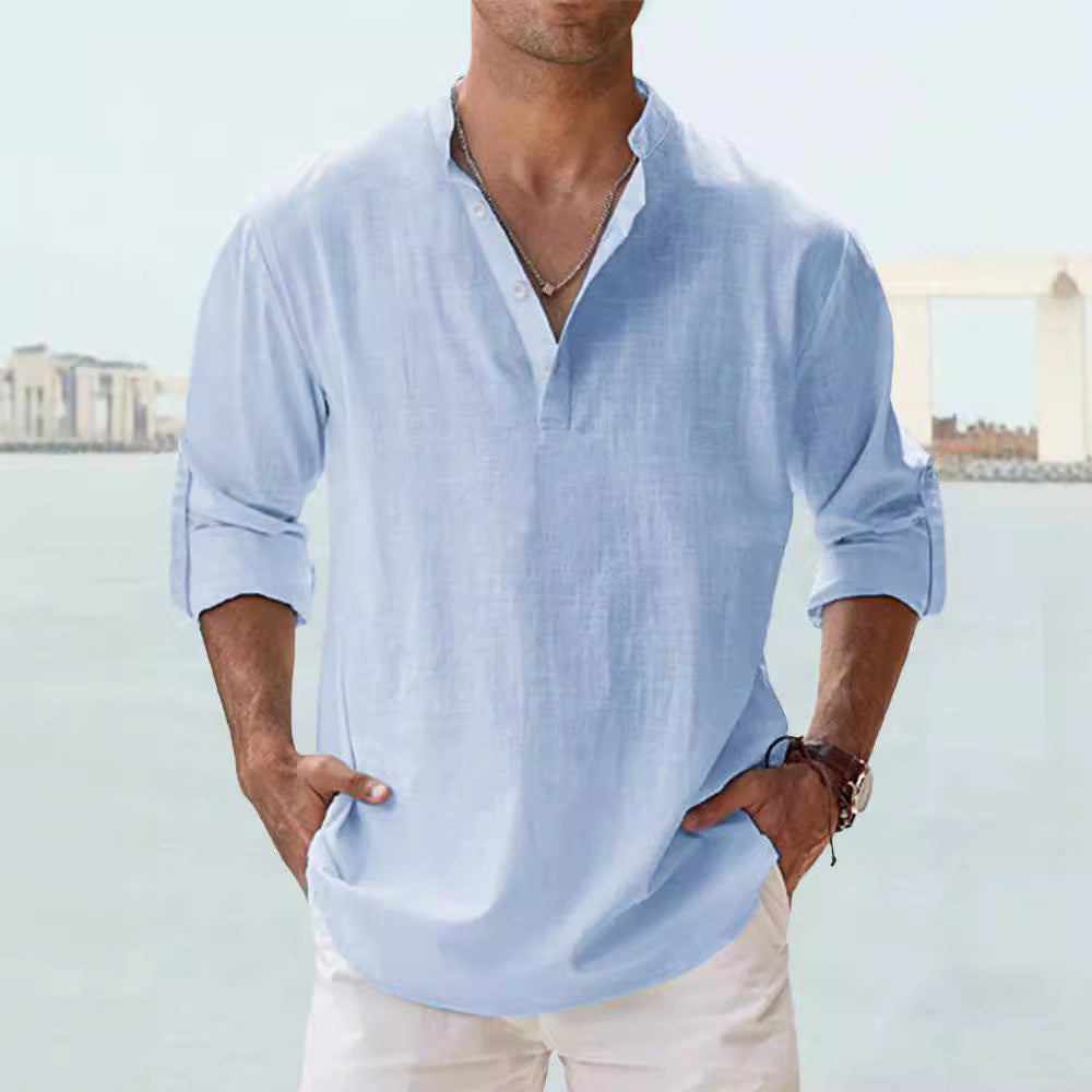Men's Linen Stand-up Collar Long Sleeve T-shirt Loose Undershirt - ARCHSHOPE